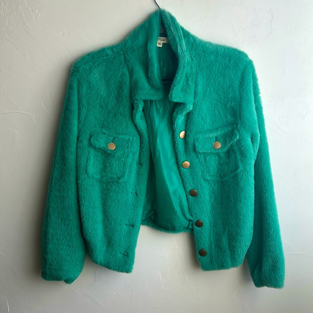 Teal faux fur coat. Size small. Brand- Mable